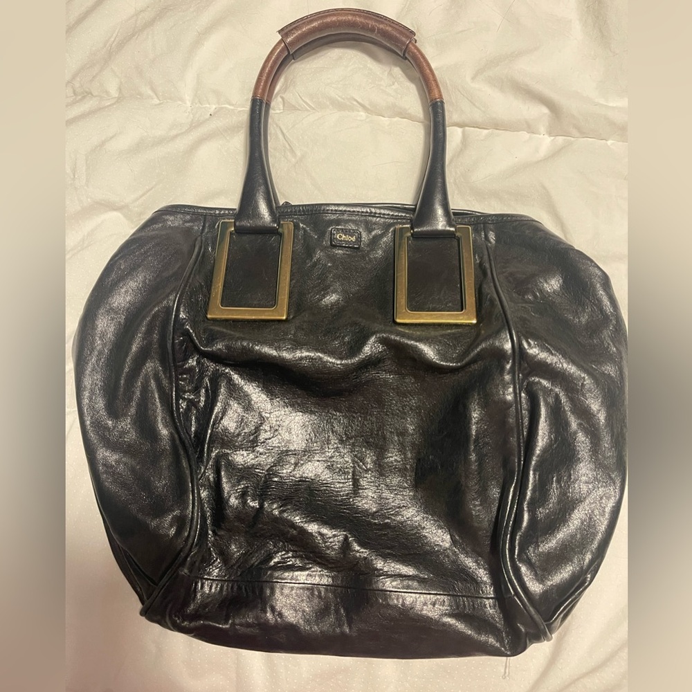 Chloe Shiny Black Tote with Tan Accents